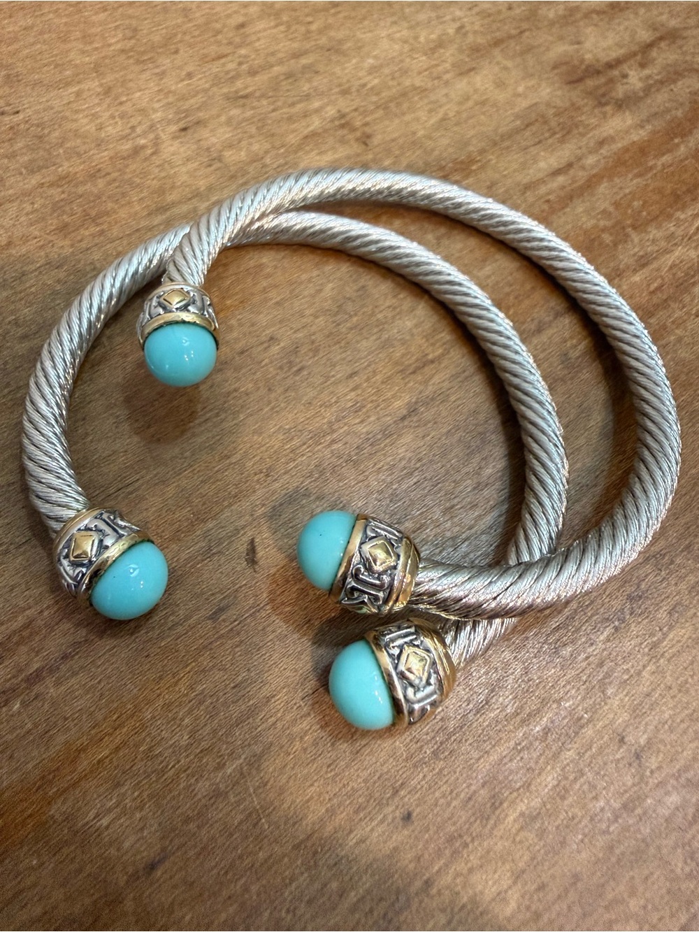 Turquoise Cabochon Silver Gold Tone Cable Cuff Bracelet Set of 2